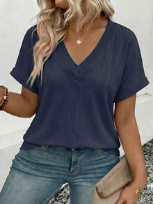 EMERY ROSE New Arrival Plus Size Women's Fashion Casual Versatile Bestselling Neon Color V-Neck Short Sleeve T-Shirt - Navy Blue - View 5