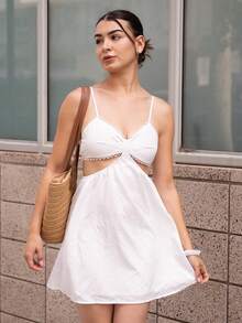 Andrea Bello WYWH女款白色中空腰V領細肩度假裙，夏季 - 白色 - 查看 3