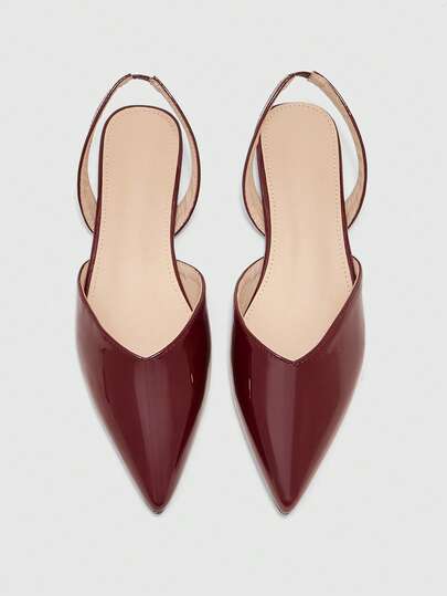 CUCCOO BIZCHIC Patent Leather Bag Head Sandals Women's Summer Burgundy Commuter Pointed Toe Wedge Heel Low Heel Rear Empty Flat Shoes