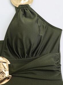 Swim Oasis Women's Solid Color Elegant One-Piece Swimsuit + Long Skirt With Round Golden Decor, Green Summer Holiday Beach Party Resort Dinner Outfits - Army Green - View 4