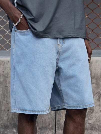 EVRINFINITE Shorts vaqueros informales de pierna ancha para hombre, shorts de mezclilla de verano lisos, shorts de mezclilla amplios de color azul claro, regalo para el esposo o novio