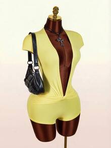 Amplova Deep Draped Neck Twist Front Jumpsuit With Ruched Sleeves - Light Yellow - View 6