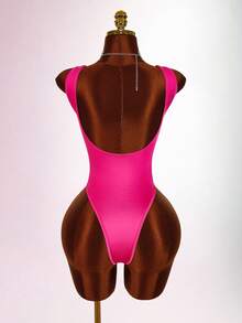 Amplova Shiny Fabric Sexy Plunging Neckline Women's Bodysuit - Hot Pink - View 2