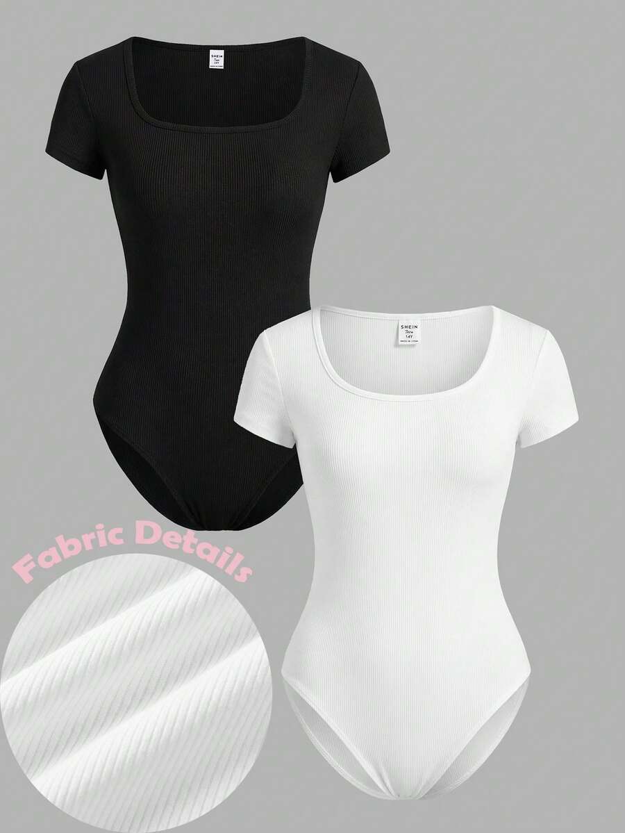 SHEIN Girlism 少女纯色简约日常穿搭方领短袖连体裤 - 彩色 - 查看 1