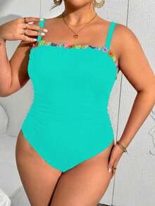 Slaydiva 大码连体泳衣，饰有3D立体花卉图案 - 薄荷綠 - 查看 4