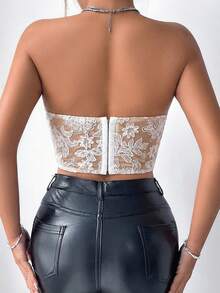 Allurite 女士蕾丝边休闲百搭约会之夜吊带背心 - 米色 - 查看 2