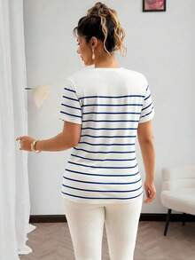 Vionelle Plus Size Round Neck Striped Short Sleeve T-Shirt Graphic Tees Women Tops - Blue - View 2