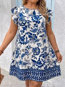 SHEIN VCAY Đầm mùa hè cỡ lớn in hoa, viền bèo nhún, đầm thường ngày cho nữ, đầm hè cho nữ, đầm xuân cho nữ, trang phục mùa hè cho nữ, đầm nữ. - Xanh và trắng - Xem 5