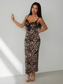 SHEIN PETITE 女士豹纹蕾丝拼接吊带紧身连衣裙，性感连衣裙，凸显身材曲线，猎豹纹连衣裙，女士生日礼服，情人节礼服，外出礼服，豹纹连衣裙，动物纹连衣裙 - 彩色 - 查看 7