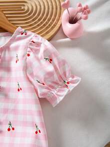 SHEIN 女童甜美条纹蝴蝶结领花瓣袖衬衫，休闲度假装，夏季 - 粉色 - 查看 4