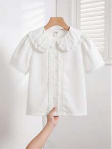 Elladie kids 女童休闲简约白色蕾丝边短袖衬衫，百搭时尚春夏新品，校园风 - 白色 - 查看 2