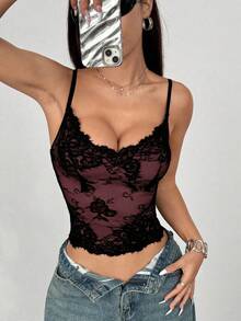 Rina Fox 法式性感蕾丝撞色露背吊带背心女式印花T恤女式上衣 - 粉色 - 查看 4