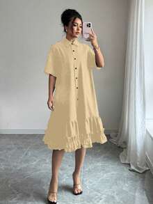 Selianne Women's Summer Loose Artistic Design Frill Trim Patchwork Dress Tea Party Orange Casual - Apricot - View 6