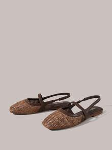 Styleloop Zapatos planos de mujer tipo slip-on, mules de talón abierto, decoración con tira tejida transpirable, puntera cuadrada de bajo perfil, cómodos y elegantes zapatos tipo Mary Jane, estilo bohemio, perfectos para vacaciones y viajes - Marrón Chocolate - Ver 2