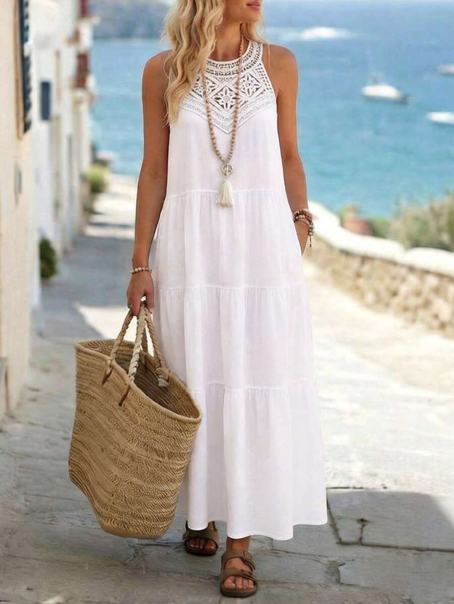 Balvessa 女士时尚优雅花卉荷叶边领宽松无袖连衣裙，休闲亚麻质感褶皱连衣裙，纯色春夏款 - 白色 - 查看 1