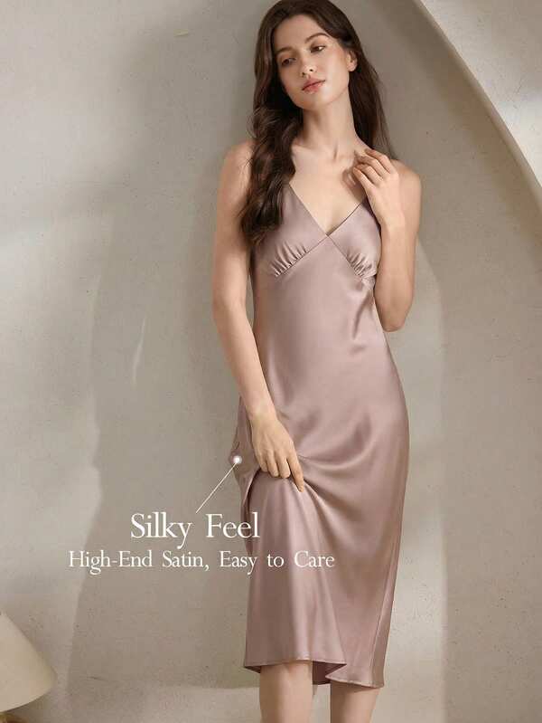 Ocili Comfortable Silky Satin-Like Soft Spaghetti Strap Nightgown For Women