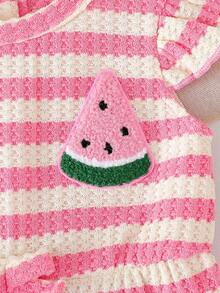 SHEIN Playful Pals 女婴休闲条纹西瓜连体衣，春夏款 - 粉色 - 查看 5