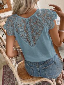 SHEIN Frenchy Áo thun trơn màu mùa hè với họa tiết ren và cổ chữ V. Chất liệu ren tan trong nước, cotton tre, thoải mái và thoáng khí, thích hợp mặc hàng ngày, đi làm, đi nghỉ mát, phong cách cottagecore, mùa cưới. - Màu xanh lam - Xem 3