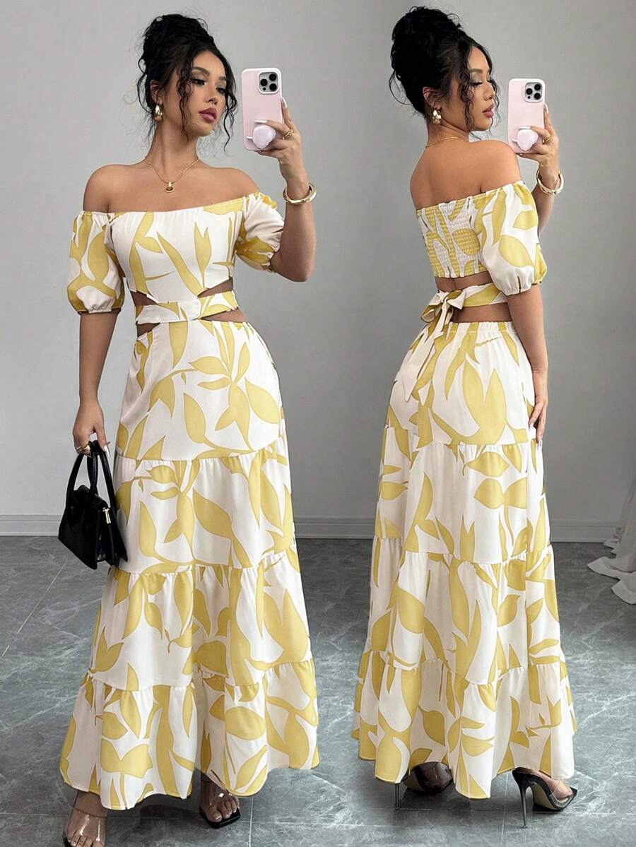 Elenzga Đầm nghỉ mát lệch vai, buộc dây, khoét rỗng dành cho nữ (Họa tiết hoa, cắt bất đối xứng) - Vàng nhạt - Xem 1