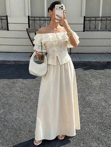 Modelyn 女士优雅荷叶边露肩上衣和半裙两件套，夏季 - 杏色 - 查看 2