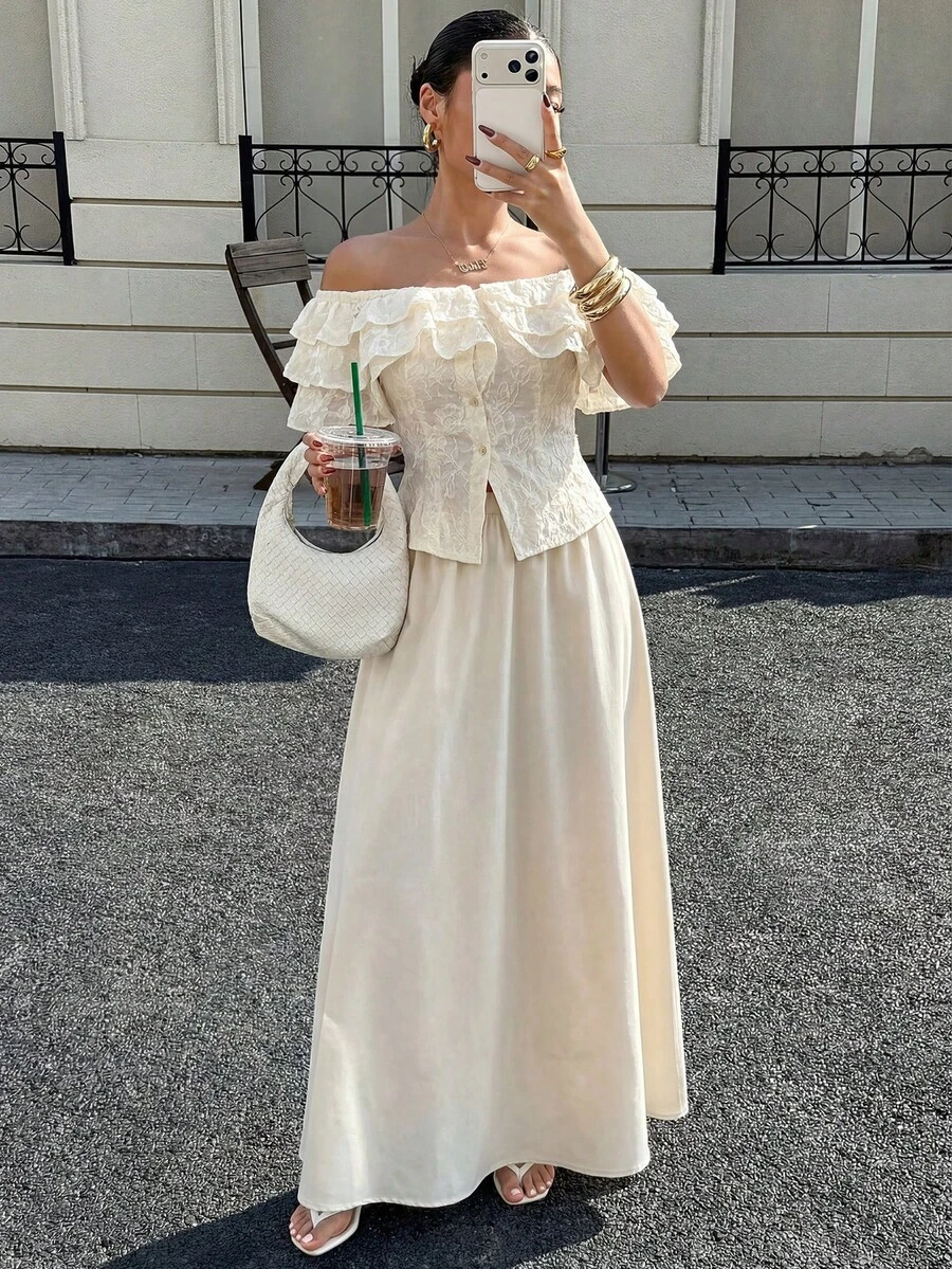 Modelyn 女士优雅荷叶边露肩上衣和半裙两件套，夏季