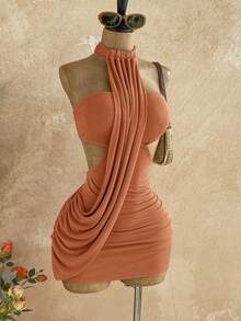 Vestido mini ajustado con envoltorio asimétrico y fluido, adecuado para citas, fiestas de jardín, fiestas del té, arreglos florales, estilo bohemio, vacaciones, vintage, para mujer en - Naranja - Ver 3