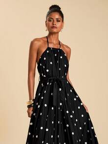 Travachic Đầm cổ yếm xếp ly chấm bi dành cho nữ - màu đen - Xem 6