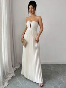 Elenzga Vestido elegante sin tirantes de unicolor con diseño de metal y dobladillo plisado para mujer - Albaricoque - View 6
