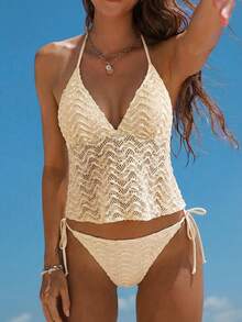 Swim Glamine Bikini de 2 piezas con tirantes finos y escote en V con textura en color albaricoque para mujer, Primavera/Verano 2026 - Albaricoque - Ver 1