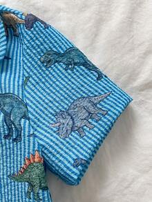 SHEIN 男童恐龙印花短袖翻领上衣和裤子两件套睡衣套装 - 藍色 - 查看 3