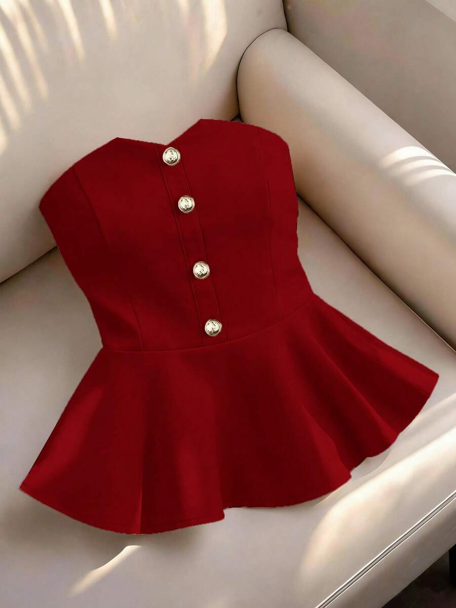 Franclia Camisa sin mangas con botones decorativos, estilo punk, talla grande, primavera/verano - Rojo - Ver 1