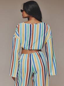 MUSERA Áo kiểu sọc vải lanh, buộc dây phía trước, thích hợp mặc đi biển, phong cách boho, dự tiệc, mùa xuân hè, kỳ nghỉ, sang trọng, thanh lịch, hẹn hò buổi tối. - Nhiều màu - Xem 2