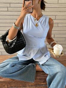 Siren Gaze 女士蓝白条纹无袖修身衬衫，春夏款 - 淺藍色 - 查看 5