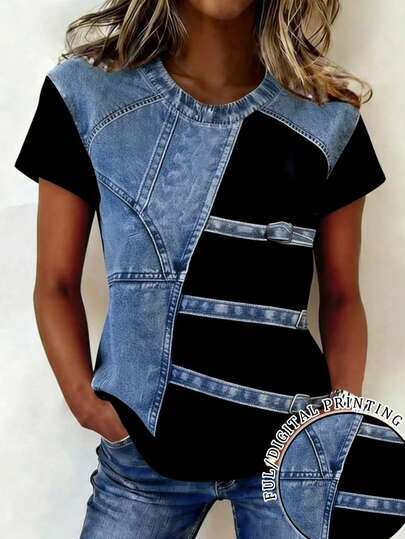 EMERY ROSE Tricou lejer pentru femei, cu imprimeu denim, casual, de vară