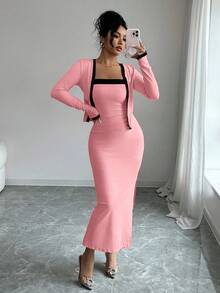 Elenzga petite Bộ 2 món mùa hè mới, trang phục dự tiệc, áo tay dài phối màu thanh lịch và váy hai dây, quần áo nữ mùa hè thích hợp cho tiệc tùng, họp mặt gia đình, Giáng sinh, Halloween, Ngày Valentine, Năm mới, đi làm thường ngày. - Hồng - Xem 7