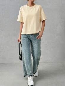 Camiseta holgada de estilo minimalista casual para mujer, con parte delantera corta y parte trasera larga, versátil para usar en la calle, adecuada para primavera y verano - Albaricoque - Ver 2