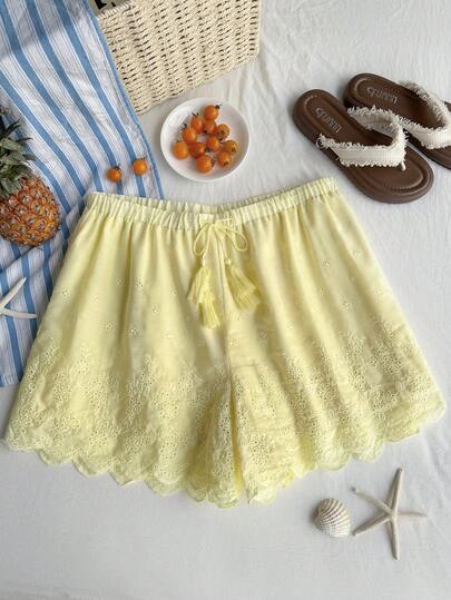 Comfortcana Quần short cạp chun màu vàng nhạt họa tiết hoa, kiểu dáng thường ngày, phong cách nghỉ mát, cỡ lớn.