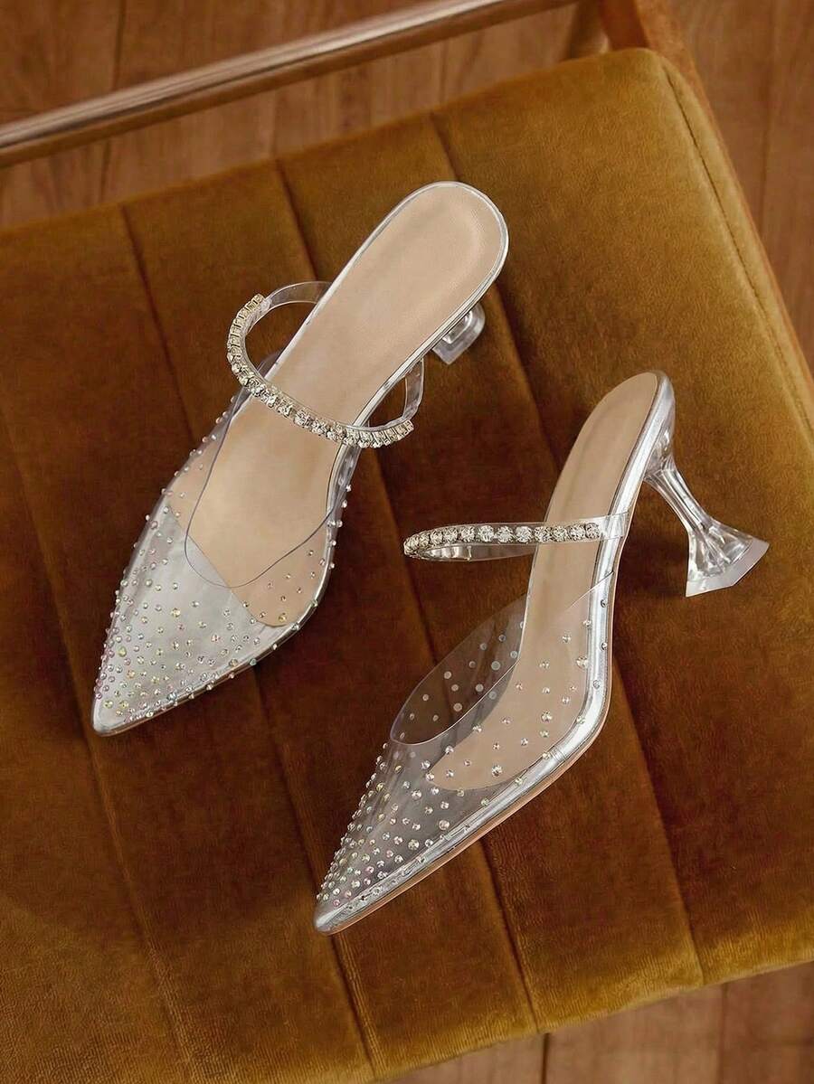 秋冬新款女士百搭舒适粗跟高跟鞋，时尚百搭，可搭配黑色连衣裙、性感穆勒鞋、派对鞋。 - 銀色 - 查看 1