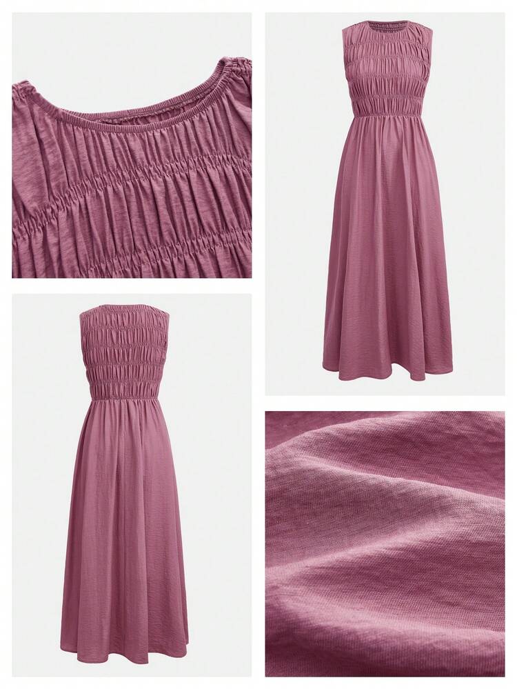 SHEIN Maija MAIJA Summer Beach Floral Smocked Ruffle Hem Flowy Maxi Dress,Pink Dress