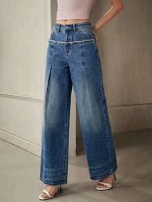 Quần Jeans Ống Rộng Rộng, Dáng Rộng, Thường Ngày, Có Viền Xỉn, Dành Cho Nữ - Màu xanh lam - Xem 1