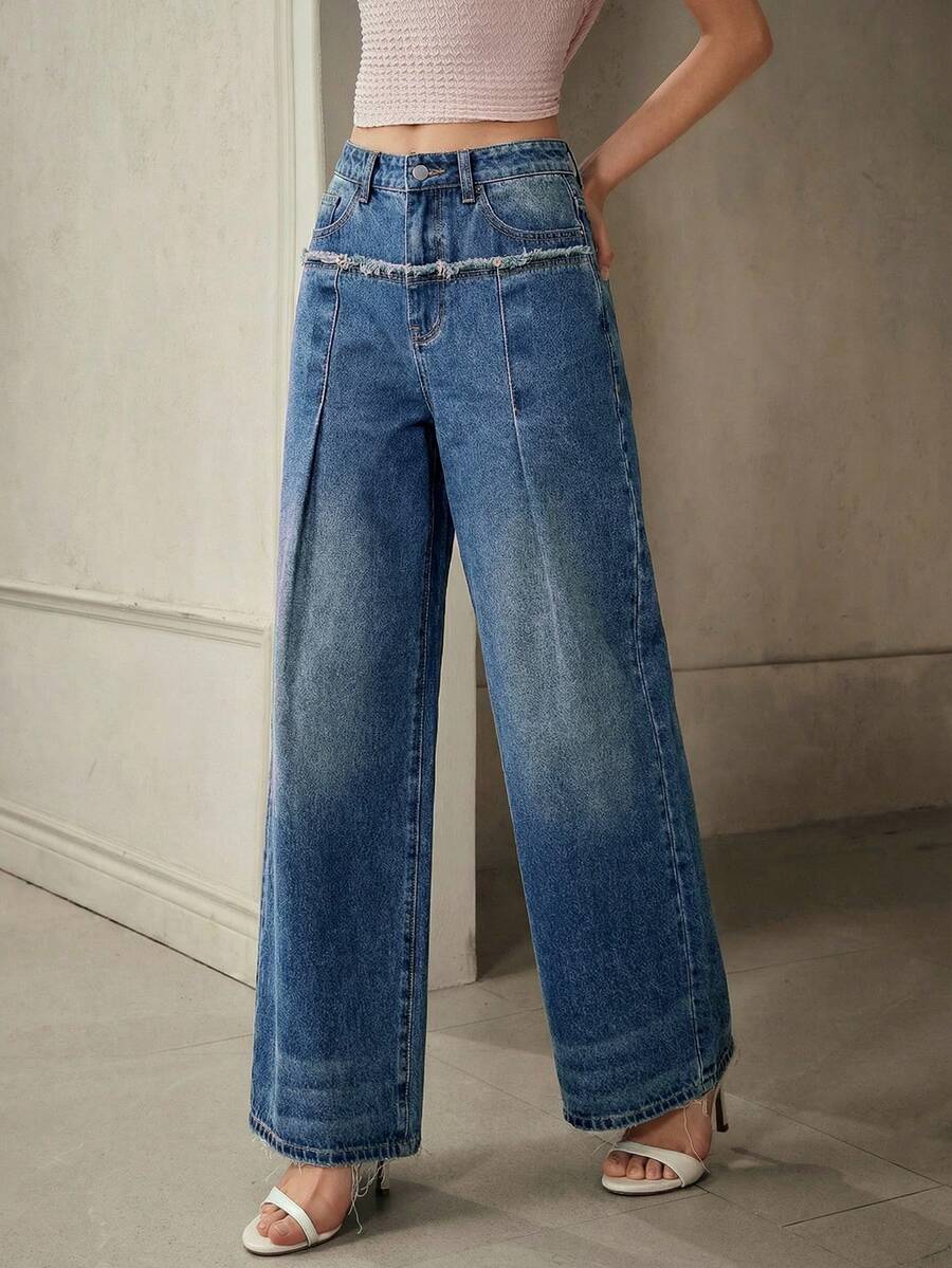Quần Jeans Ống Rộng Rộng, Dáng Rộng, Thường Ngày, Có Viền Xỉn, Dành Cho Nữ - Màu xanh lam - Xem 1