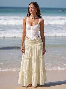 Swim Vcay Falda plisada en la cintura con paneles tipo pastel, falda acampanada para uso casual, vacaciones y diario - Amarillo - Ver 5