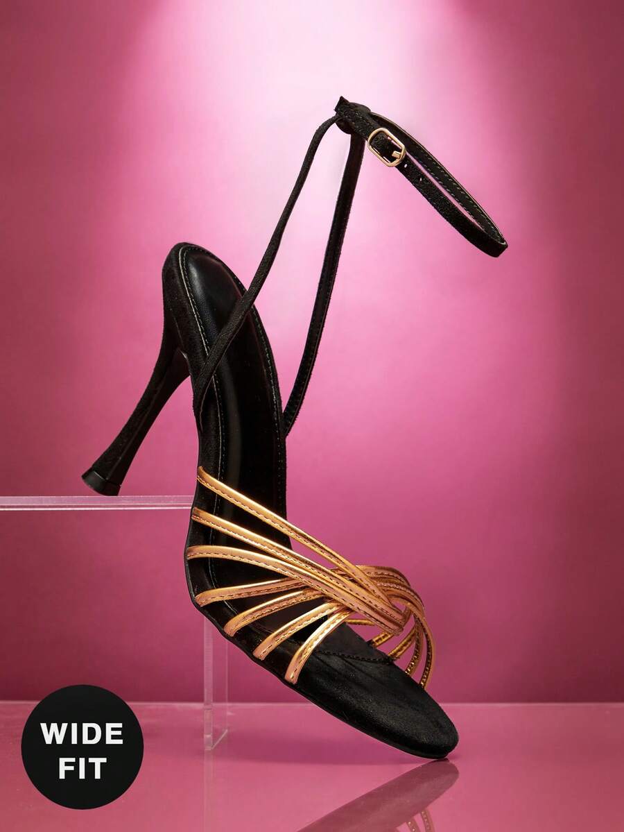 SHUZIA Sandalias de tacón de aguja con correa de tobillo, elegantes y minimalistas, de ajuste ancho para mujer - Negro - Ver 1