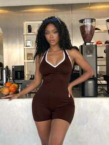 SHEIN BAE Contrast Trim Halter Backless Tight Sleeveless Jumpsuit - Coffee Brown - View 3