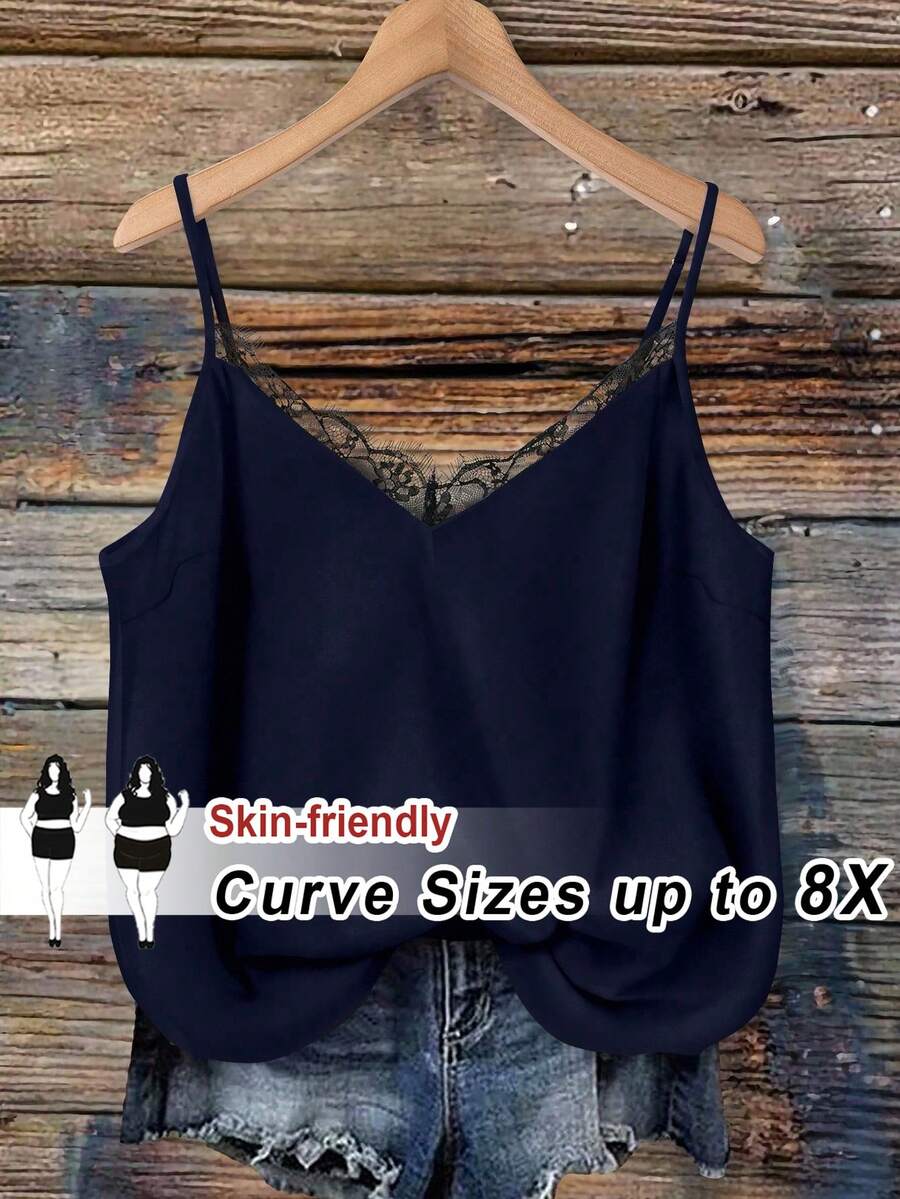SHEIN CURVE+ 大码女式蕾丝拼接吊带背心，休闲度假装 - 藏蓝色 - 查看 1