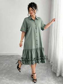 Elenzga Plus Size Shirt Collar Ruffle Hem Casual Vacation Dress - Green - View 4