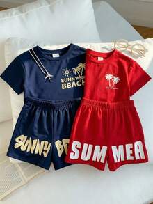 SHEIN 2件套 SS26 男童休闲舒适柔软印花短袖上衣和短裤套装，春夏度假装，复活节男童礼物 - 寶藍色 - 查看 1