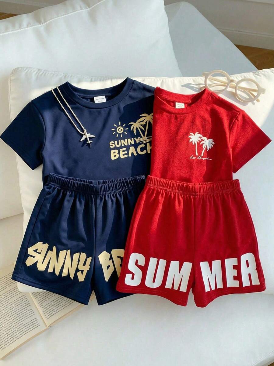 SHEIN 2件套 SS26 男童休闲舒适柔软印花短袖上衣和短裤套装,春夏度假装,复活节男童礼物 - 寶藍色 - 查看 1