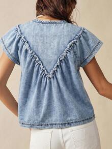 Bohemela 女士时尚水洗V领牛仔衬衫 - 淺色水洗藍 - 查看 2