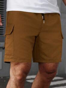 Manfinity Homme Pantalones cortos cargo de hombre con bolsillo con solapa, cintura con cordón y ajuste holgado - Camel - Ver 5